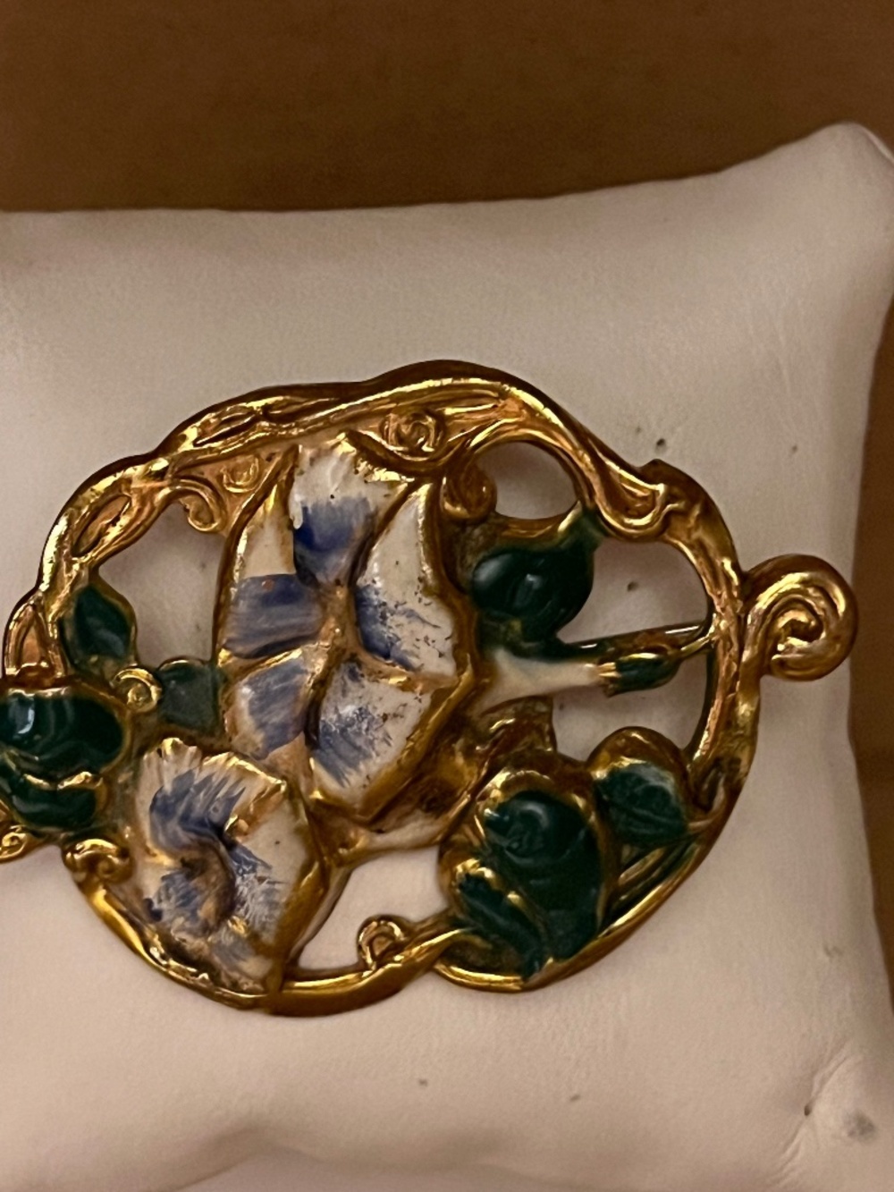 Antique Art Nouveau Gold Gilt Guilloche Enamel Morning Glory Brooch Pin Vintage